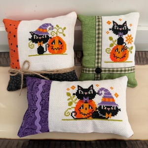 Halloween Black Cat Cross Stitch Pillow | Handmade Mini Decorative Accent | Farmhouse Fall Tiered Tray Decor | Pumpkin Autumn Shelf Sitter