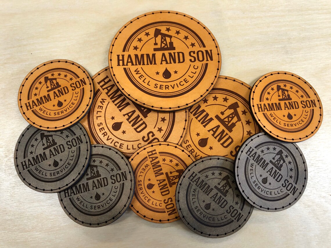 Custom Leather Patches 2 round. We can laser engrave Etsy