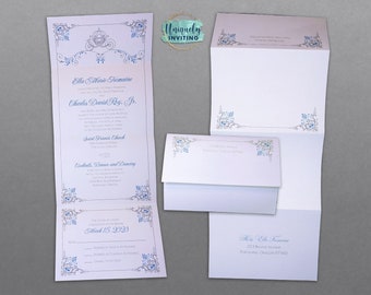 May include: A light blue and white wedding invitation with a Cinderella carriage design. The invitation includes the names Ella Marie Tremaine and Charles David Roy Jr., the date March 15, 2023, and the location Saint Francis Church.