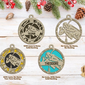 May include: Four wooden Christmas baubles featuring a scuba diver design. The baubles are available with or without a name and with or without icons. The baubles have different coloured backgrounds, including brown, black, yellow, and blue.