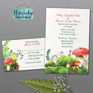 May include: Wedding invitation with a watercolor illustration of mushrooms and greenery. The invitation is for Haley Elizabeth White and Marisol Cristina Herrera, and it is set for Saturday, April 1st, 2022 at 2:00 PM at Sanderson Gardens, 2865, Missy Oak Drive, Spokane, Washington. The RSVP deadline is March 15, 2022.