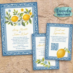 May include: Wedding invitation suite featuring a lemon and floral design. The invitation includes the names "Avery Moretti and Jooden West", date, time, and location. Additional cards provide travel information and RSVP details.
