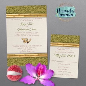 May include: A wedding invitation with a green and gold bamboo design. The invitation is for the marriage of Raya Tran and Namaari Chan on Friday, June 16, 2023, at 3:00 PM at Schedel Gardens and Arboretum in Salem, Oregon. The RSVP deadline is May 26, 2023.
