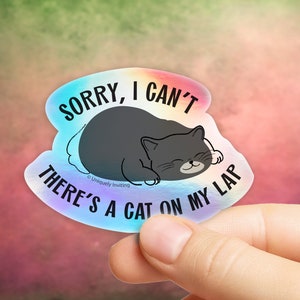 May include: Holographic sticker with a cartoon cat illustration. The cat is gray and sleeping, with the text "Sorry, I can't, there's a cat on my lap." The sticker has a rainbow iridescent effect.