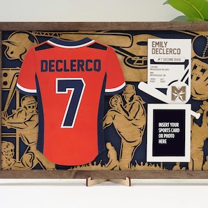 Personalized Male or Female Baseball or Softball Player Jersey Sign/Wall Art with Optional Stats and Photo Holder