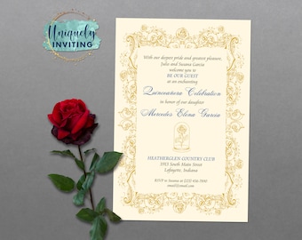 May include: A gold and white invitation with a floral border and a rose in a glass dome. The invitation is for a Quinceañera Celebration in honor of Mercedes Elena Garcia. The event will be held at Heatherglen Country Club, 3913 South Main Street, Lafayette, Indiana. RSVP to Susana at (123) 456-7890 or email@email.com.