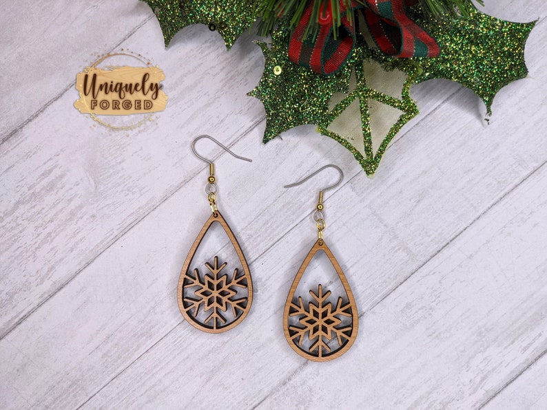 Finished Wood Snowflake Earrings  Custom Laser-Cut Jewelry image 1