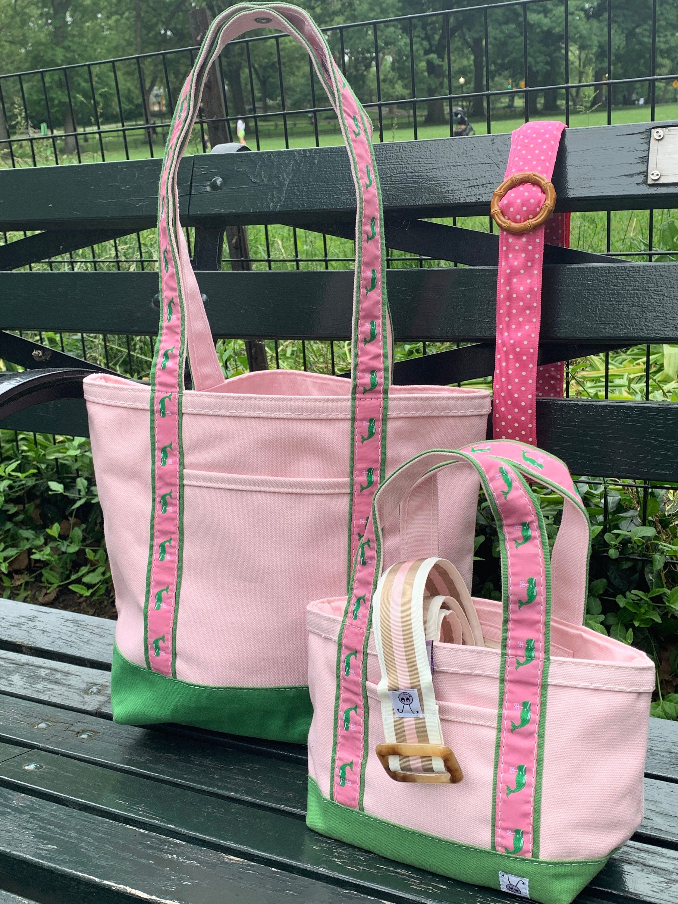Vintage LL Bean Boat and Tote Bag Cream Pink Straps Canvas Extra