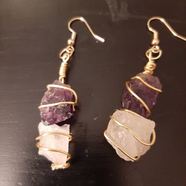 Amethyst and Rose Quartz, Gold Wire wrapped gem stone dangle earrings. Gold hanging earrings Purple/white/pink.