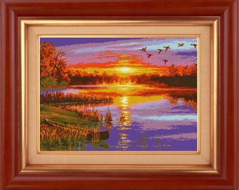 Cross Stitch Hand Embroidery Kit with Pattern. Purple Landscape. Limited edition. Cross Stitch Gift Idea.Big crossstitch kit.