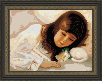 Counted DIY Cross Stitch Hand Embroidery Kit with DMC thread. Girl with kitten. Limited edition. Cross Stitch Gift Idea.  34 x 45 cm