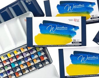 Rosa Gallery Professional Classic Watercolor Paint Set 12/21/35 cuvettes, High Lightfastness Paints in Lightweight and Portable Metal Case