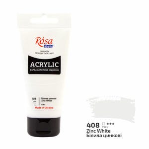 Puede incluir: Un tubo de pintura acr&iacute;lica blanca etiquetado como "R&oacute;sa Studio Acrylic" con el texto "408 *** P.W.4 Zinc White Білила цинкові" en la parte inferior. El tubo est&aacute; hecho en Ucrania.