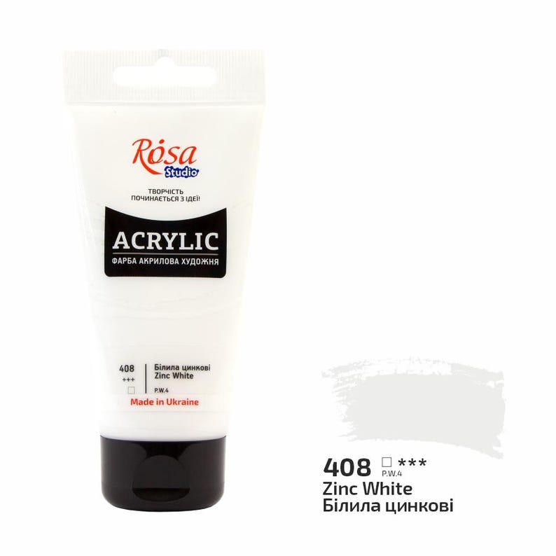 Puede incluir: Un tubo de pintura acr&iacute;lica blanca etiquetado como "R&oacute;sa Studio Acrylic" con el texto "408 *** P.W.4 Zinc White Білила цинкові" en la parte inferior. El tubo est&aacute; hecho en Ucrania.