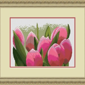 Cross Stitch Hand Embroidery Kit with Pattern. Pink tulips. Limited edition. Cross Stitch Gift Idea.