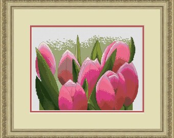 Cross Stitch Hand Embroidery Kit with Pattern. Pink tulips. Limited edition. Cross Stitch Gift Idea.