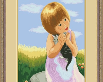 Cross Stitch Hand Embroidery Kit with Pattern. Girl with kitten. Limited edition. Cross Stitch Gift Idea.
