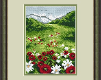 Cross Stitch Hand Embroidery Kit with Pattern. Poppies Landscape. Limited edition. Cross Stitch Gift Idea. Small crossstitch kit.