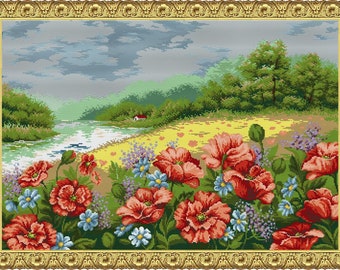 Cross Stitch Hand Embroidery Kit with Pattern. Poppies Landscape. Limited edition. Cross Stitch Gift Idea.Big crossstitch kit.
