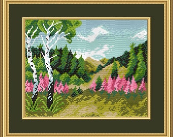 Cross Stitch Hand Embroidery Kit with Pattern. Landscape with birches. Limited edition. Cross Stitch Gift Idea. Small crossstitch kit.