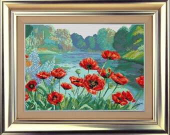 Cross Stitch Hand Embroidery Kit with Pattern. Landscape with poppies. Limited edition. Cross Stitch Gift Idea. Big Beatifull DIY kit.
