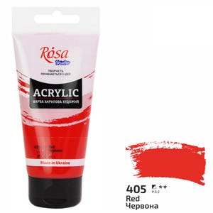 Puede incluir: Un tubo de pintura acr&iacute;lica roja de R&oacute;sa Studio. El tubo est&aacute; etiquetado como "Acr&iacute;lico" y "Rojo/Червона" en ucraniano. La pintura est&aacute; hecha en Ucrania.