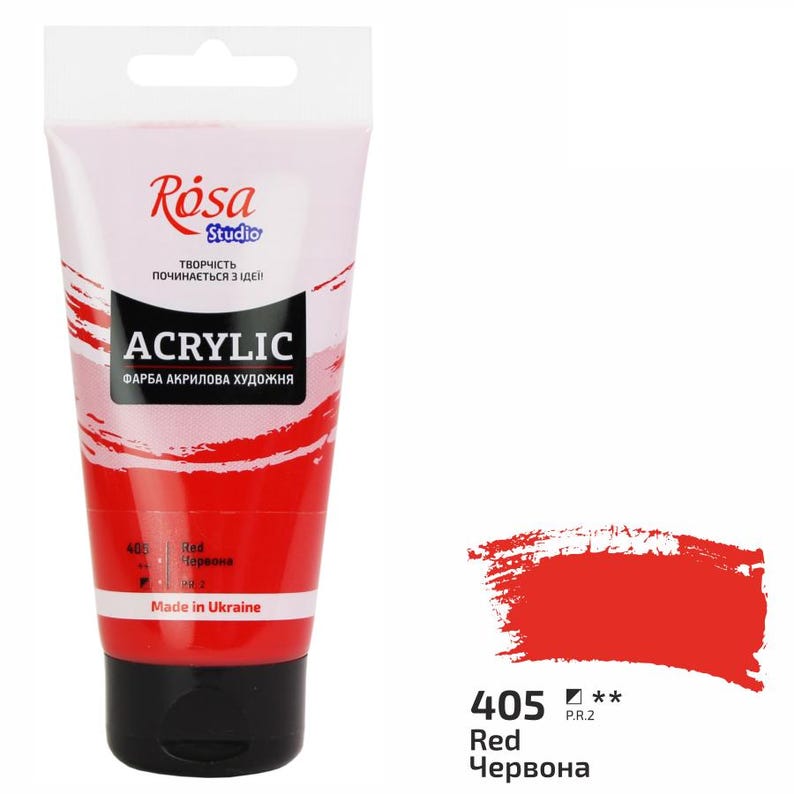 Puede incluir: Un tubo de pintura acr&iacute;lica roja de R&oacute;sa Studio. El tubo est&aacute; etiquetado como "Acr&iacute;lico" y "Rojo/Червона" en ucraniano. La pintura est&aacute; hecha en Ucrania.