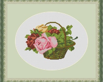 パターン付きクロスステッチ手刺繍キット。バスケットに入ったバラ