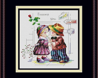 Cross Stitch Hand Embroidery Kit with Pattern. Children in cafe. Limited edition. Cross Stitch Gift Idea. Beatifull DIY kit.
