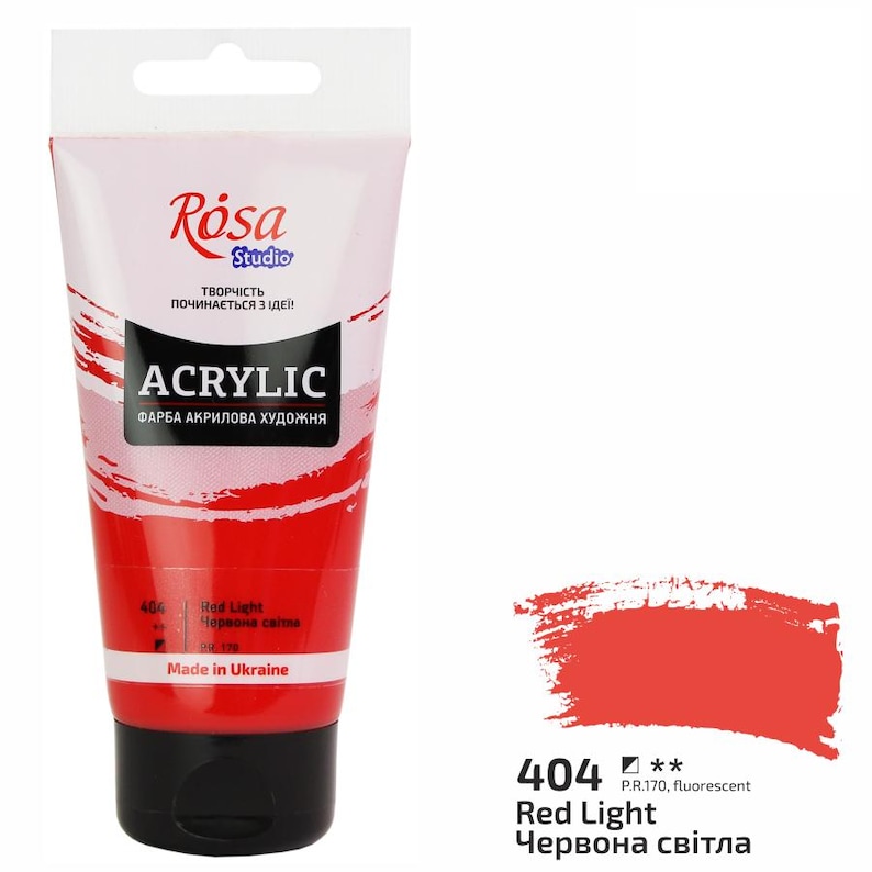 Puede incluir: Un tubo de pintura acr&iacute;lica roja clara de R&oacute;sa Studio. El tubo est&aacute; etiquetado como "Acr&iacute;lico" y "Rojo claro" en ucraniano e ingl&eacute;s. La pintura est&aacute; hecha en Ucrania.