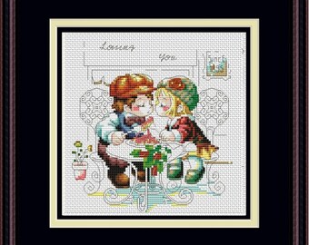 Cross Stitch Hand Embroidery Kit with Pattern. Children in cafe. Limited edition. Cross Stitch Gift Idea. Beatifull DIY kit.