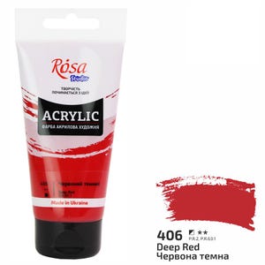 Puede incluir: Un tubo de pintura acr&iacute;lica roja oscura etiquetado como "R&oacute;sa Studio Acrylic" con el texto "406 Deep Red Червона темна" y "P.R.2, P.R.63:1" en la etiqueta. La pintura est&aacute; hecha en Ucrania.