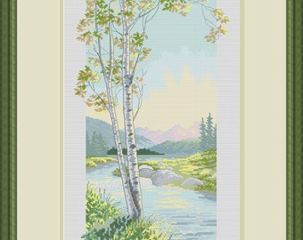 Cross Stitch Hand Embroidery Kit with Pattern. Landscape with birch. Limited edition. Cross Stitch Gift Idea. Beatifull DIY kit.