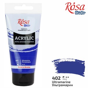 Puede incluir: Un tubo de pintura acr&iacute;lica azul etiquetado como "R&oacute;sa Studio Acrylic" con el texto "Ultramarine" y "P.B.29" en la etiqueta. El tubo est&aacute; hecho en Ucrania.