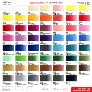Puede incluir: Una carta de colores para pinturas acr&iacute;licas con 55 colores disponibles en botellas de 75 ml, 200 ml y 400 ml. La carta est&aacute; organizada por familia de colores, con cada color etiquetado con un n&uacute;mero y un nombre. La carta tambi&eacute;n incluye informaci&oacute;n sobre el pigmento utilizado en cada color.