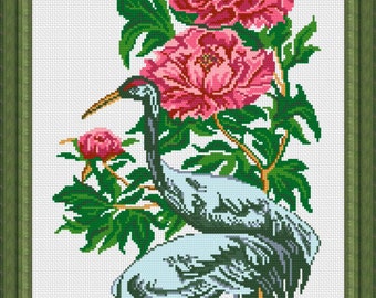 Cross Stitch Hand Embroidery Kit with Pattern. Cranes and peonies. Limited edition. Cross Stitch Gift Idea.