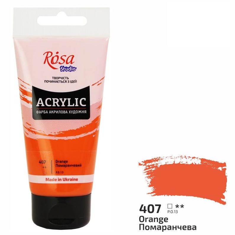Puede incluir: Un tubo de pintura acr&iacute;lica naranja de R&oacute;sa Studio. El tubo est&aacute; etiquetado como "Acrylic" y "Orange" en ingl&eacute;s y ucraniano. La etiqueta tambi&eacute;n incluye el c&oacute;digo de color "P.0.13".