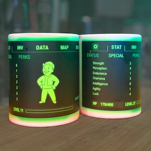 FALLOUT-Styled Pip-Boy Customisable Stats Mug | Colour Changing Gamer Cup, Personalised RPG Gift, Choose Avatar, SPECIAL Stats & Name