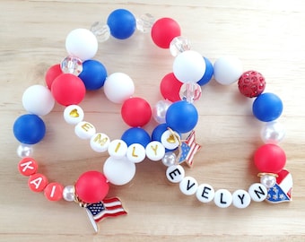 Patriotic bracelet, 4th of July bracelet, Independence Day party, red white and blue bracelet, silicone beads, personalized kids bracelet