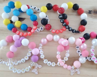 Pulsera de identificación infantil, identificación infantil, cuentas de silicona, esenciales de vacaciones, seguridad infantil, pulsera de identificación con cuentas, pulsera de nombre, pulsera personalizada