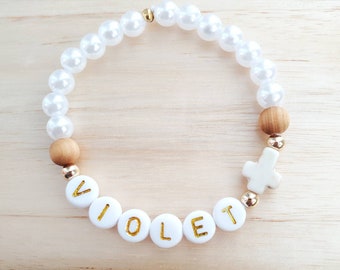 Child Cross Bracelet, personalized cross bracelet, personalized white pearl beaded bracelet, Baptism gift, personalized First Communion gift