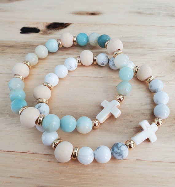 Beaded cross bracelet, Amazonite, White Howlite, Confirmation gift, Communion gift, adult Baptism gift, Aquamarine, Easter basket gift