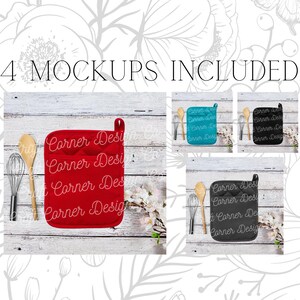 Könnte beinhalten: Vier Mockups eines roten, türkisfarbenen, schwarzen und grauen Topflappen auf einem weißen Holzgrund. Jedes Mockup enthält einen Holzlöffel und einen Schneebesen. Der Topflappen hat ein gestepptes Design und der Text "Corner Design Co." ist darauf gedruckt.