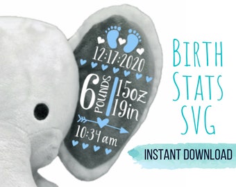 Statistiques de naissance d’oreille d’éléphant SVG, Téléchargement instantané, Statistiques de naissance Humphrey, Statistiques de naissance d’animaux en peluche