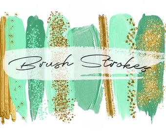 Mint and Gold Glitter Brush Strokes, Brush Strokes Clipart, Watercolor Brushstroke PNG, Clipart, Mint and Turquoise Brush, Commercial Use