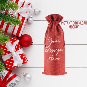 Burlap Wine Bag Mockup, Burgundy Burlap Bag, Blank Wine Bag Mock up, Red Burlap Wine Bag
