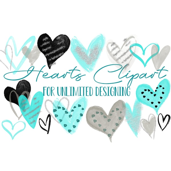Watercolor Heart Clipart, Turquoise and Silver Glitter Hearts, Watercolor Heart SVG, Heart SVG, Sublimation, Commercial Use