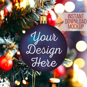 Navy Christmas Bulb Mockup, Navy Ornament Mockup, Holiday Mockup with Christmas Tree Background
