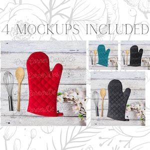 Könnte beinhalten: Vier Mockups von Topflappen auf einem weiß getünchten Holzgrund. Die Topflappen sind rot, türkis, grau und schwarz. Jedes Mockup enthält einen Holzlöffel und einen Schneebesen.