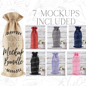 May include: A set of 7 wine bag mockups in various colors, including natural, red, gray, blue, black, purple, and pink. The mockups are displayed on a woodgrain background. The text "WINE BAG Mockup Bundle" is displayed on the natural colored bag.